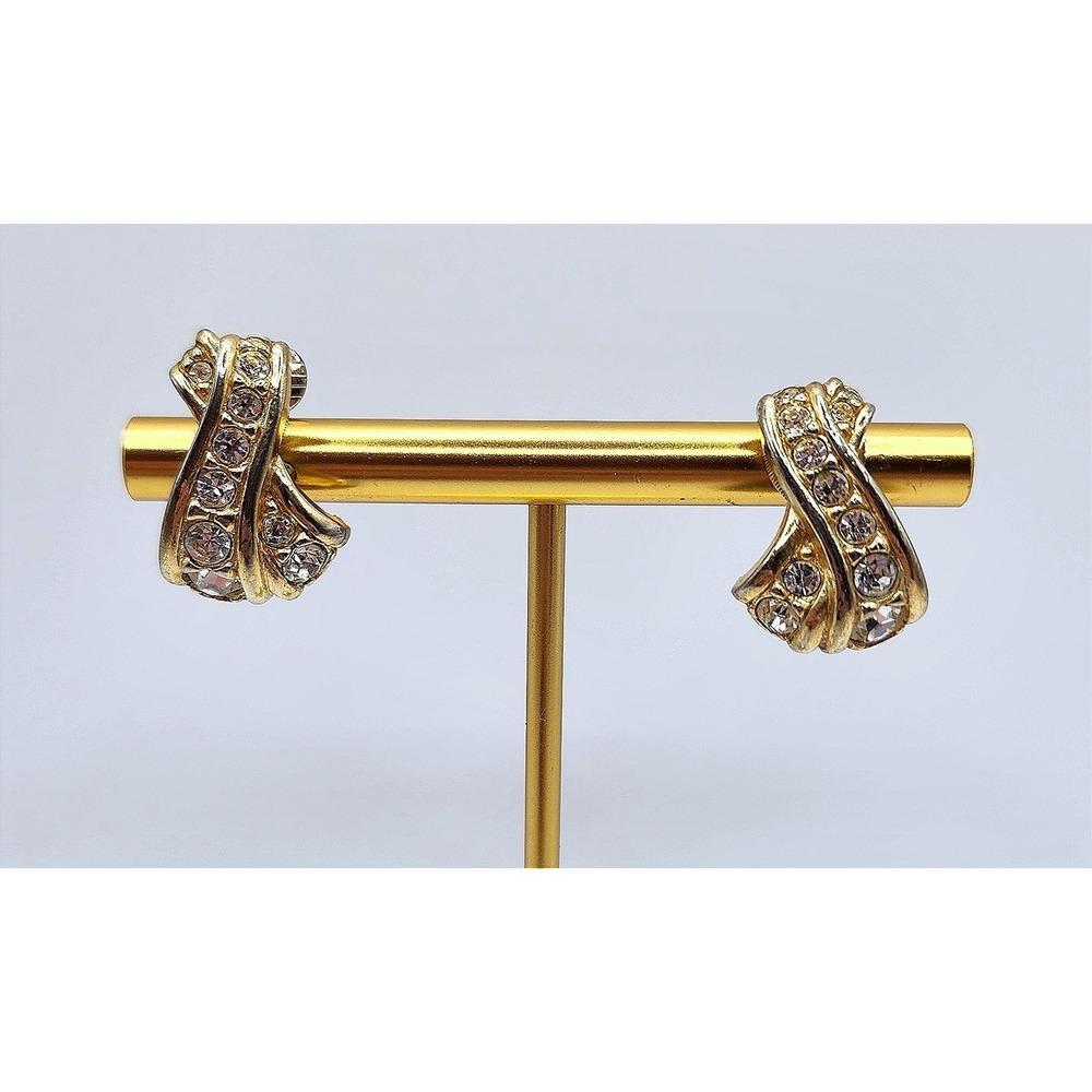Swarovski Clip On Earring Gold Tone Crystal Criss Cross Ribbon Wave Vintage Logo